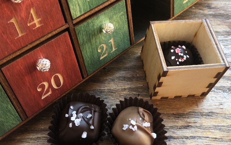 Dean's Sweets caramels in milk & dark chocolate and a peppermint truffle. Part of the sweet mix inside our Advent calendars.